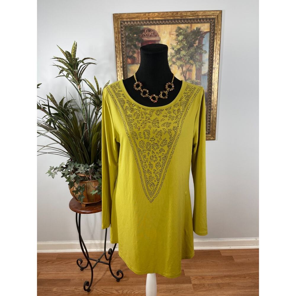 Miss Tina‎ Tunic Top Women's Medium Lime Green Rhinestone Boho Glam Streetwear